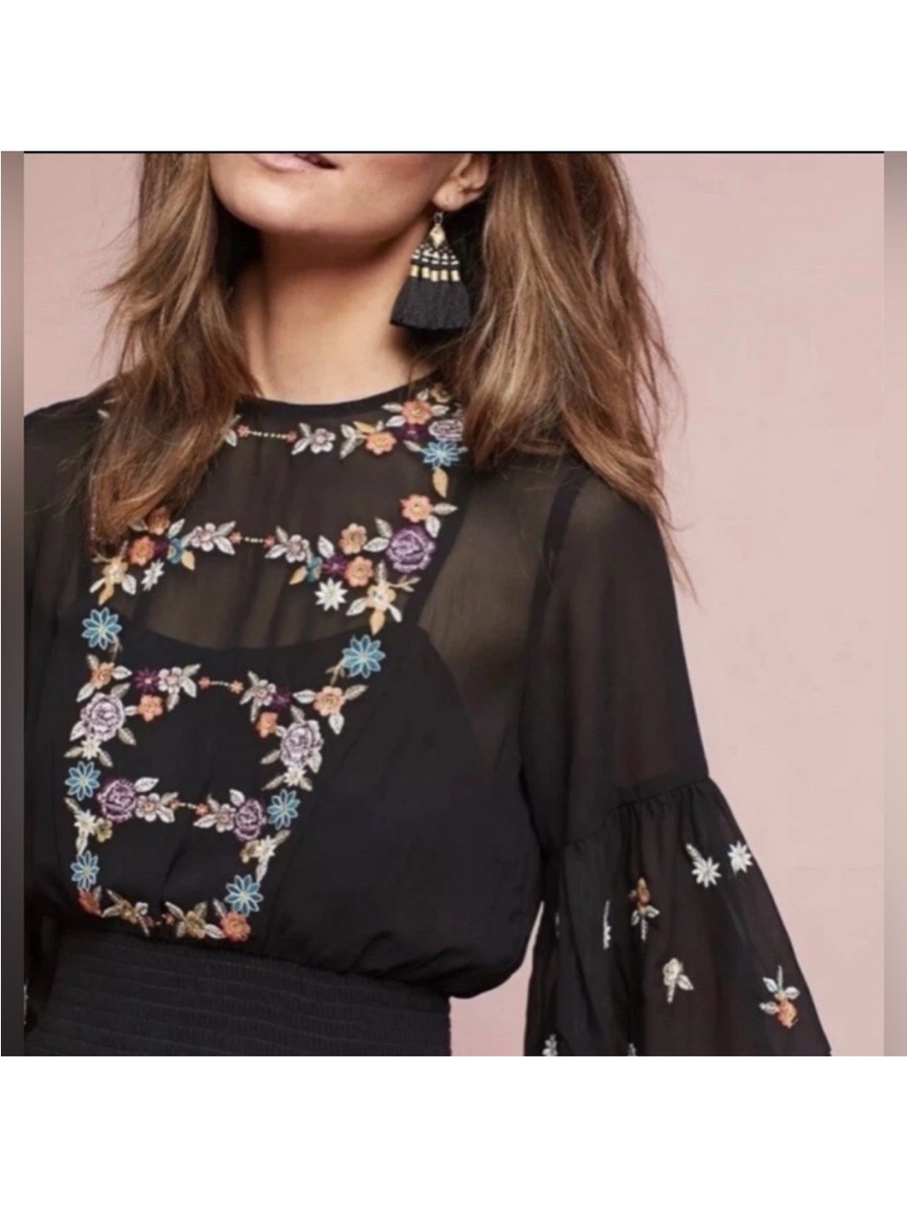 Maeve Anthropologie Black Floral Embroidered Layered Sheer Ruffle Mini Dress - Picture 14 of 15